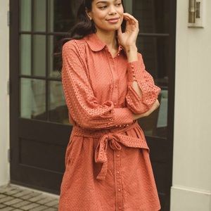 ALLISON EYELET LONG SLEEVE SHIRT DRESS - TERRACOTTA size M NWT